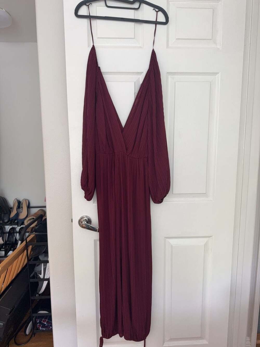 Zara Pleated Long Sleeve Deep V-Neck Jumpsuit Burgundy